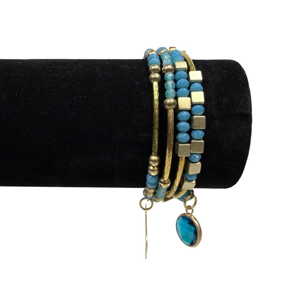 Fashion Blue Beaded Gold Tone Coil Memory Wrap Bracelet with Charms Adjustable